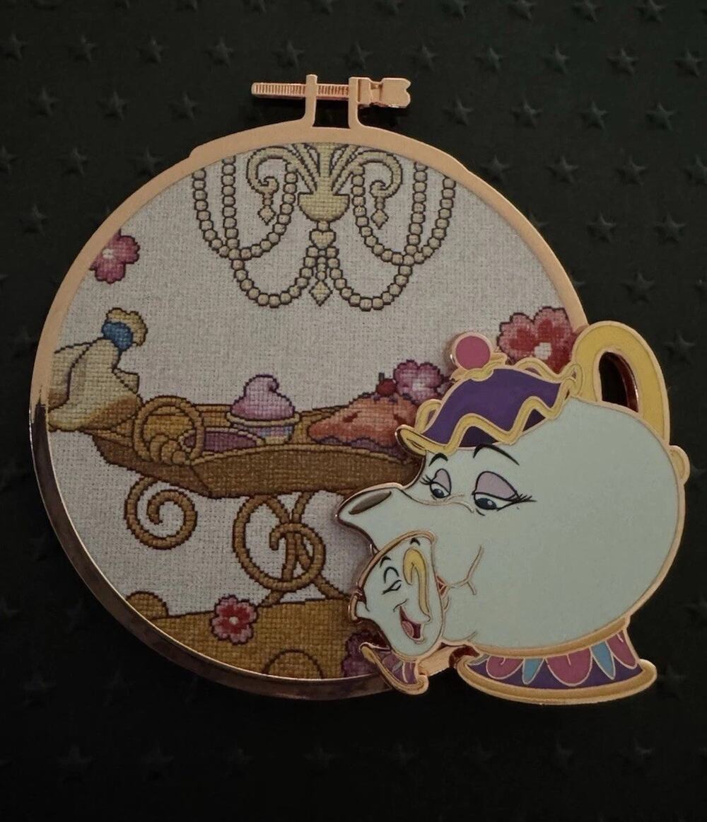 Disney PALM Pin Jumbo Beauty & Beast Mrs. Potts & Chip Cross Stitch Chaser LE250